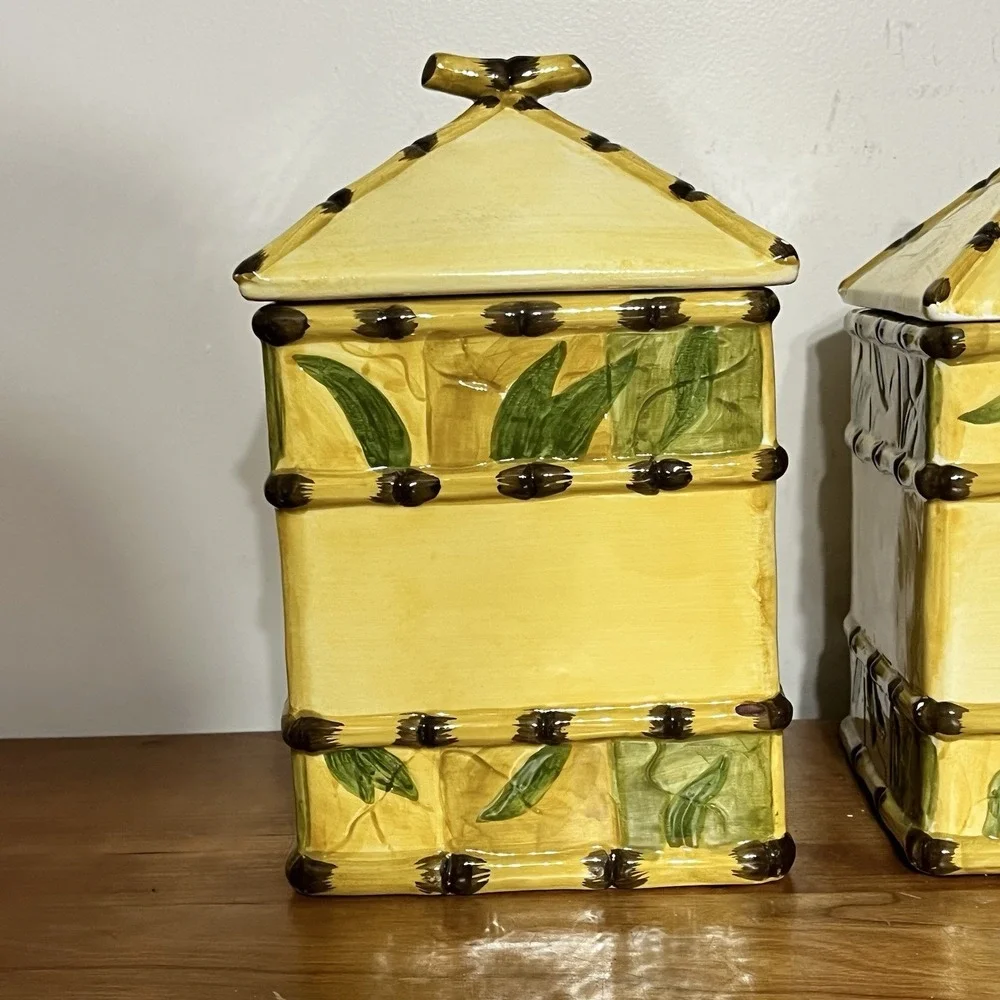 WCL Vintage 3 Piece Canister‎ Set Green & Yellow Bamboo Design Square With Lids